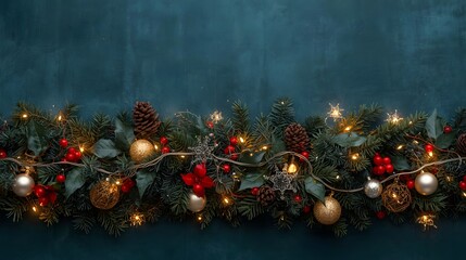 christmas, holiday, winter, trendy, Festive Christmas garland with warm fairy lights pine cones red berries and golden baubles creating a cozy holiday atmosphere for winter celebr
