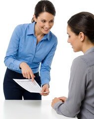 Two professional women are engaged in a discussion while reviewing documents on a table one pointing to a sheet of paper business meeting office analysis data presentation