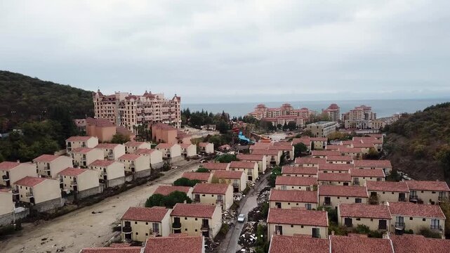Aerial view of the Elenite resort, showcasing the hotels and villas against the backdrop of the sea and overcast sky, Elenite, Burgas, Bulgaria.