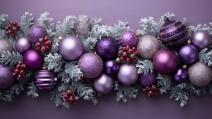 christmas, holiday, winter, trendy, Festive purple and silver Christmas baubles and frosted pine branches arranged in a decorative garland perfect for holiday season celebrations 