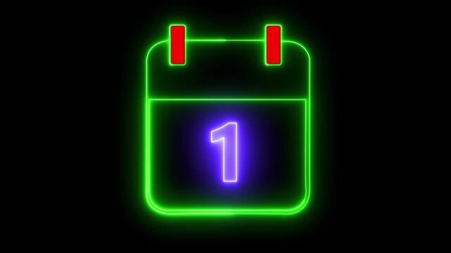 Neon line calendar date 1 animation for deadline and schedule planning. Glowing neon calendar icon date 1 &ndash; deadline and time management concept.