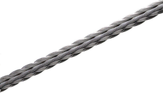 Close up of a thick braided metal wire cable, with a metallic sheen, isolated on a transpare.png