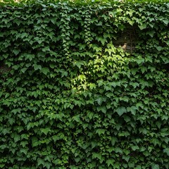 Obraz premium A wall completely covered in dense, dark green leaves. Sunlight filters through a small opening