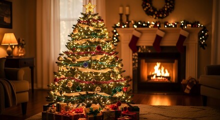 A warm interior scene features a brightly lit fir tree adorned with ornaments and garlands, next to a cozy fireplace with stockings