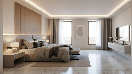Fototapeta premium Elegant Modern Residential Interior A Serene Luxury Master Bedroom Suite with Premium Furnishings