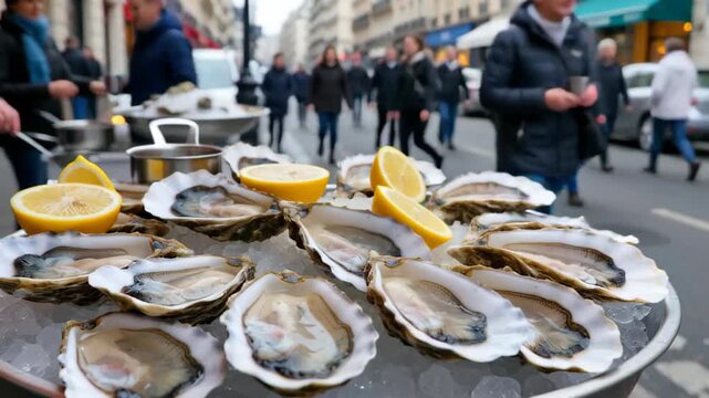 Fresh oysters served on ice with lemon slices in a bustling street market in Paris