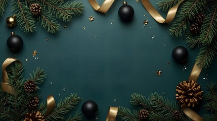 christmas, holiday, winter, trendy, Festive Christmas frame with dark green fir branches golden ribbons black baubles and pine cones creating a luxurious holiday background for se