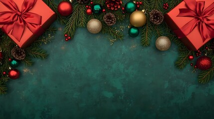 christmas, holiday, winter, trendy, Festive Christmas border with red gift boxes pine branches and baubles creating a holiday greeting card background perfect for seasonal marketi