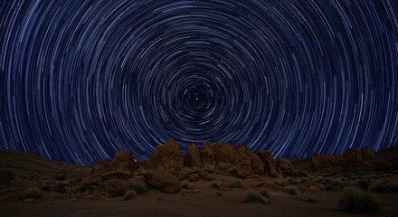 Celestial bodies trace concentric arcs above arid terrain during long exposure photography