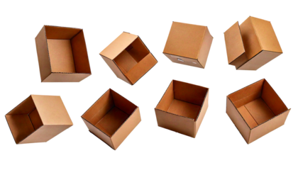 Collection of open and closed cardboard boxes, with in various orientations, isolated 
