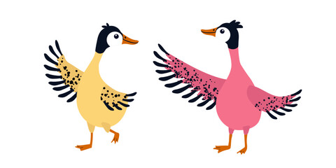 Obraz premium Cute dancing duck character with fluffy feathers, playful pose and joyful expression, in textured style, soft pastel colors, clean shapes, isolated on white background. Vector