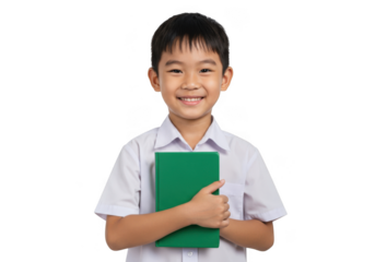 Young asian boy in school uniform holding a green book isolated on transparent background