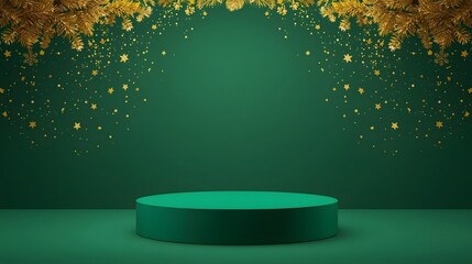 christmas, holiday, winter, trendy, Elegant emerald green podium with golden glitter and festive fir branches perfect for product display Christmas promotions and luxury event bac