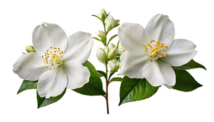 Obraz premium Delicate white jasmine flowers with green leaves on a thin stem, isolated on a transparent b.png