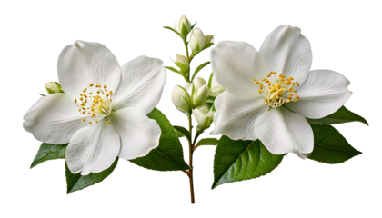  Delicate white jasmine flowers with green leaves on a thin stem, isolated on a transparent b.png