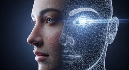 A futuristic face merges human features with a digital wireframe design creating a concept of artificial intelligence and technological advancement