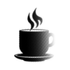 Black illustration of a hot drink cup on a saucer with steam without background.