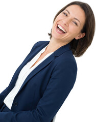 A laughing Caucasian woman in a dark blue suit and white blouse with dark brown hair looking towards the viewer Business Professional Happy Joyful Smiling One Person Female