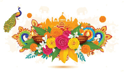 Obraz premium Colorful Traditional Indian Festival Decoration with Flowers, Diyas, Palace Silhouette, and Peacock