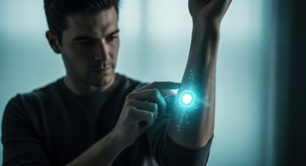 A man interacts with a glowing futuristic interface projected onto his arm showcasing advanced technology and innovation