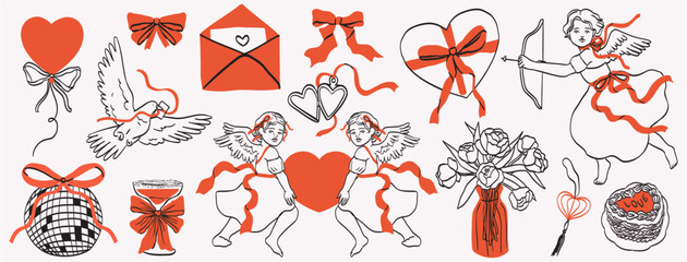 Cute elements decorated with whimsical bows, ribbons and heart. Elegant female cupid, flowers, cake. Vintage hand drawn line art vector illustrations for wedding or valentine day card invitation.