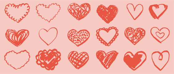 Cute sketchy whimsical Red hearts on pink background. Vintage hand drawn doodle grunge love art vector illustrations for wedding or valentine day card invitations, poster, event placard, party banner.