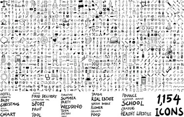 Large collection of hand drawn doodle vector icons. Includes multiple themes such as school, sport, food, finance, wedding, Christmas, hotel, medical, and more eps10