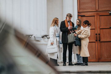 Fototapeta premium Four business professionals gather outside a building, looking at a tablet and sharing documents. They stand in coats with bags, discussing work near large wooden doors.