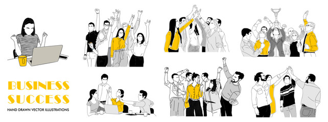 Diverse business people celebrating success teamwork and achievement in a modern professional style. Flat hand drawn vector illustration isolated on transparent  background