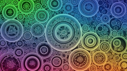 Abstract colorful circular gears and rings forming a vibrant geometric pattern.