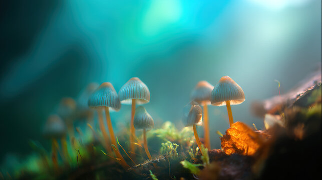 acculturation. Mushrooms growing on forest floor among moss and leaves under sunlight. gardening catalogs, home-decor guides, designed for gardening and botanical catalogs, celebrates nature.
