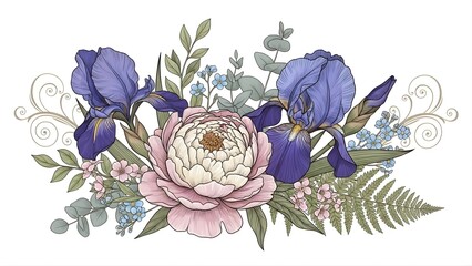 Vintage Botanical Illustration Featuring Blue Iris Flowers and Pink Peony