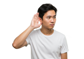 Young asian man listening attentively with hand cupped behind ear showing focus and concentration transparent background