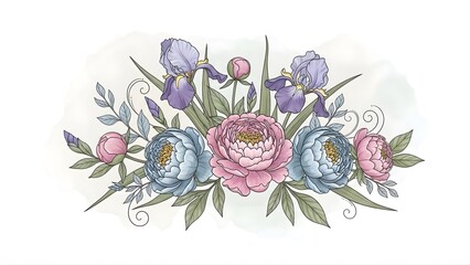 Beautiful Illustration of Mixed Flowers with Delicate Colors and Intricate Designs