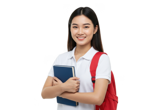 Young asian student holding books with backpack isolated on transparent background - Powered by Adobe