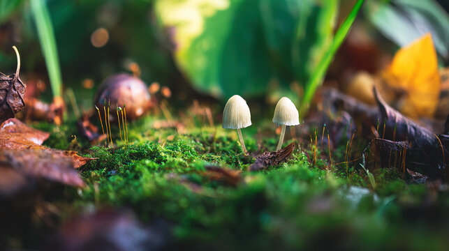acculturation. Mushrooms growing on forest floor among moss and leaves under sunlight. gardening catalogs, home-decor guides, designed for gardening and botanical catalogs, celebrates nature.
