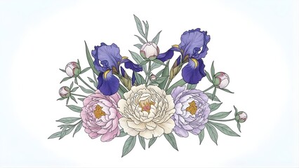 Beautiful Hand-Drawn Floral Illustration Featuring Irises and Peonies