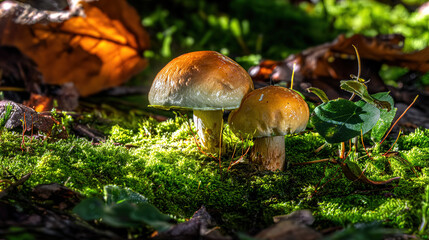 acculturation. Mushrooms growing on forest floor among moss and leaves under sunlight. gardening catalogs, home-decor guides, designed for gardening and botanical catalogs, celebrates nature.
