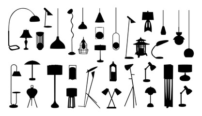 Minimalist vector set of modern lamp silhouettes including floor table desk and pendant lights isolated on transparent background for interior design use.