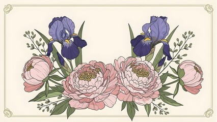Vintage Illustration of Iris and Peony Floral Arrangement with Botanical Elements