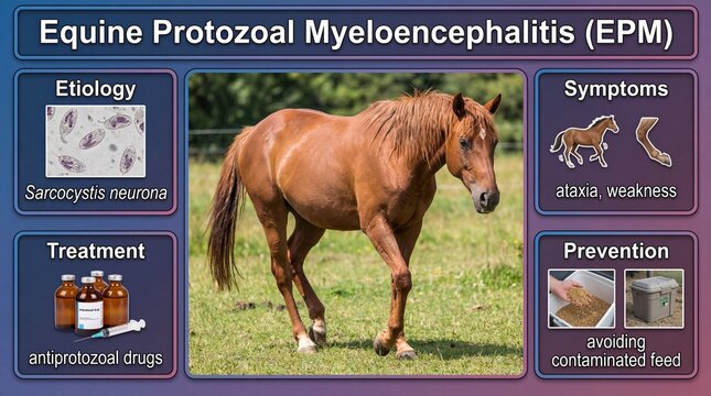 Equine protozoal myeloencephalitis epm, a parasitic horse disease with symptoms ataxia, weakness, treatment with antiprotozoal drugs, and prevention by avoiding