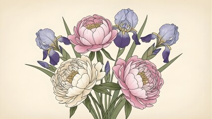 Beautiful Illustration of Peonies and Irises in Soft Hues