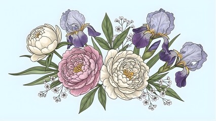 Illustration of Beautiful Floral Arrangement with Roses and Irises