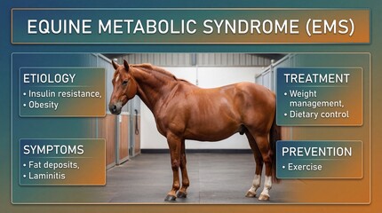 Equine metabolic syndrome ems infographic with brown horse standing in stable, illustrating insulin resistance, obesity, weight management, and exercise for horse health