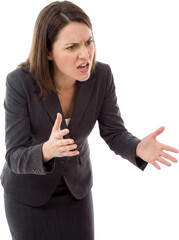 Frustrated businesswoman in grey suit gesturing animatedly with wide eyes and open mouth expressing anger shouting or disagreement Frustration Emotion Stress Conflict Argument