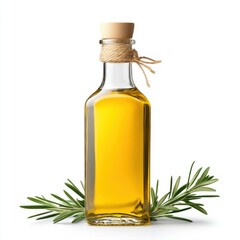 Olive oil bottle with wooden cap and fresh rosemary against white background