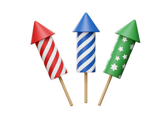 Three colorful fireworks with red blue and green designs on transparent background.