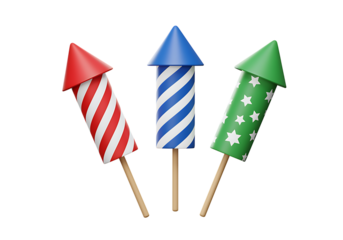 Three colorful fireworks with red blue and green designs on transparent background.