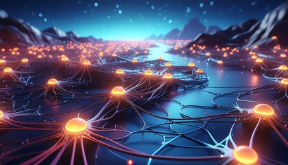 Neural network connections illuminating a futuristic landscape with glowing nodes and wires