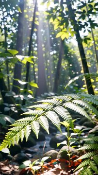 Lush green ferns illuminated by soft sunlight filtering through a dense forest canopy with a serene stream